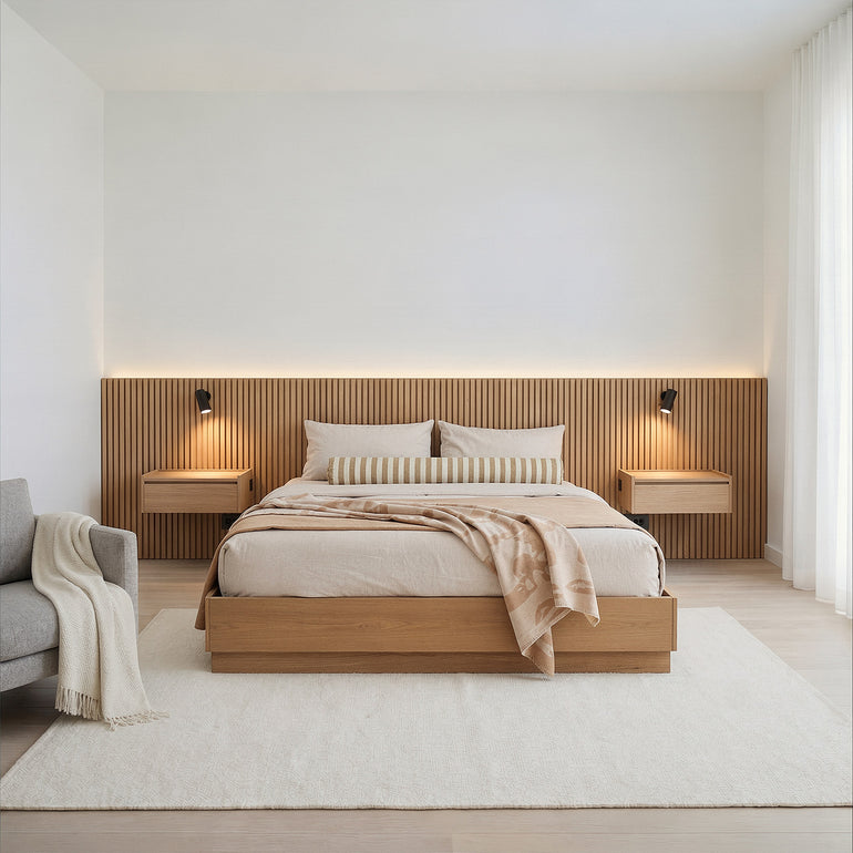 Modern bedroom with wooden bed and side tables, neutral color scheme.