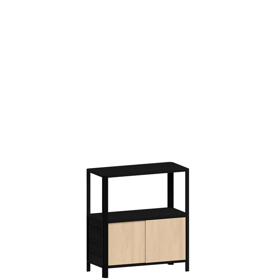 Cloe · Table d'appoint noir avec portes en bois de chêne blanchi