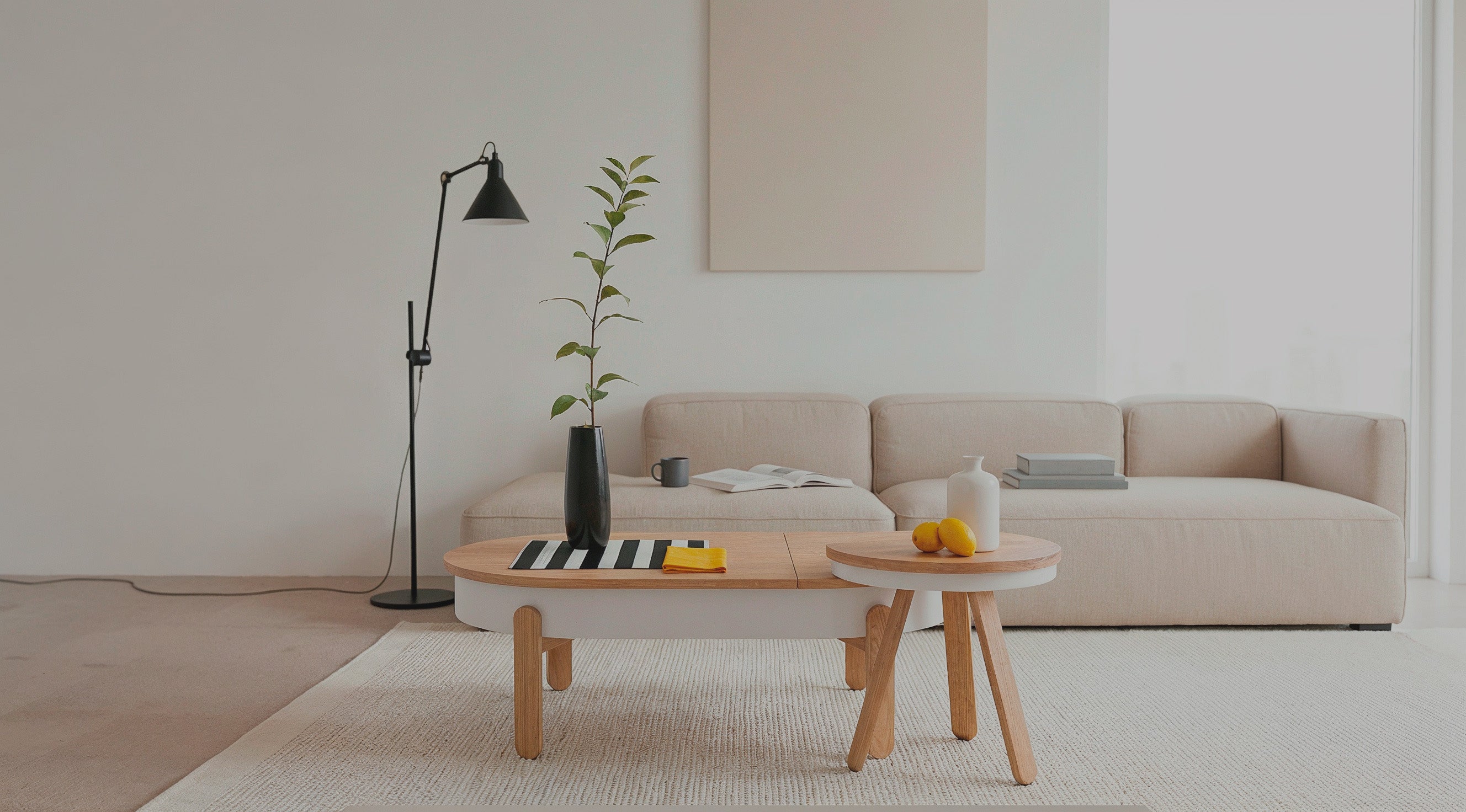 Modern living room with a beige sofa, wooden coffee table, and decorative items.