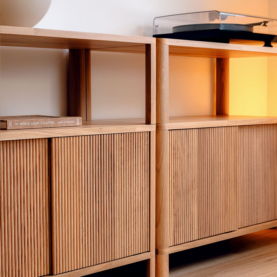 Cloe Low Sideboard · White Pigmented Oak · Wooden Doors