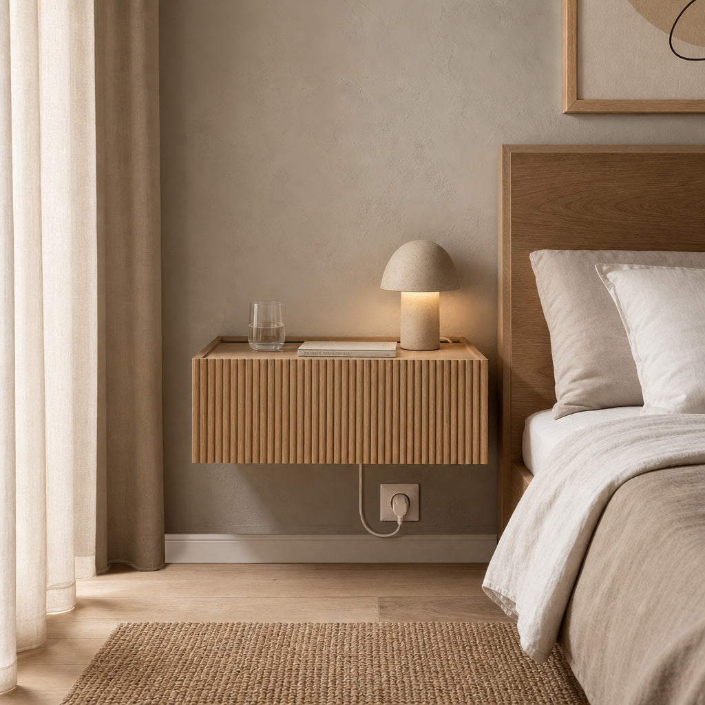 Dalea floating bedside table in natural oak with a vertically grooved drawer beside a bed