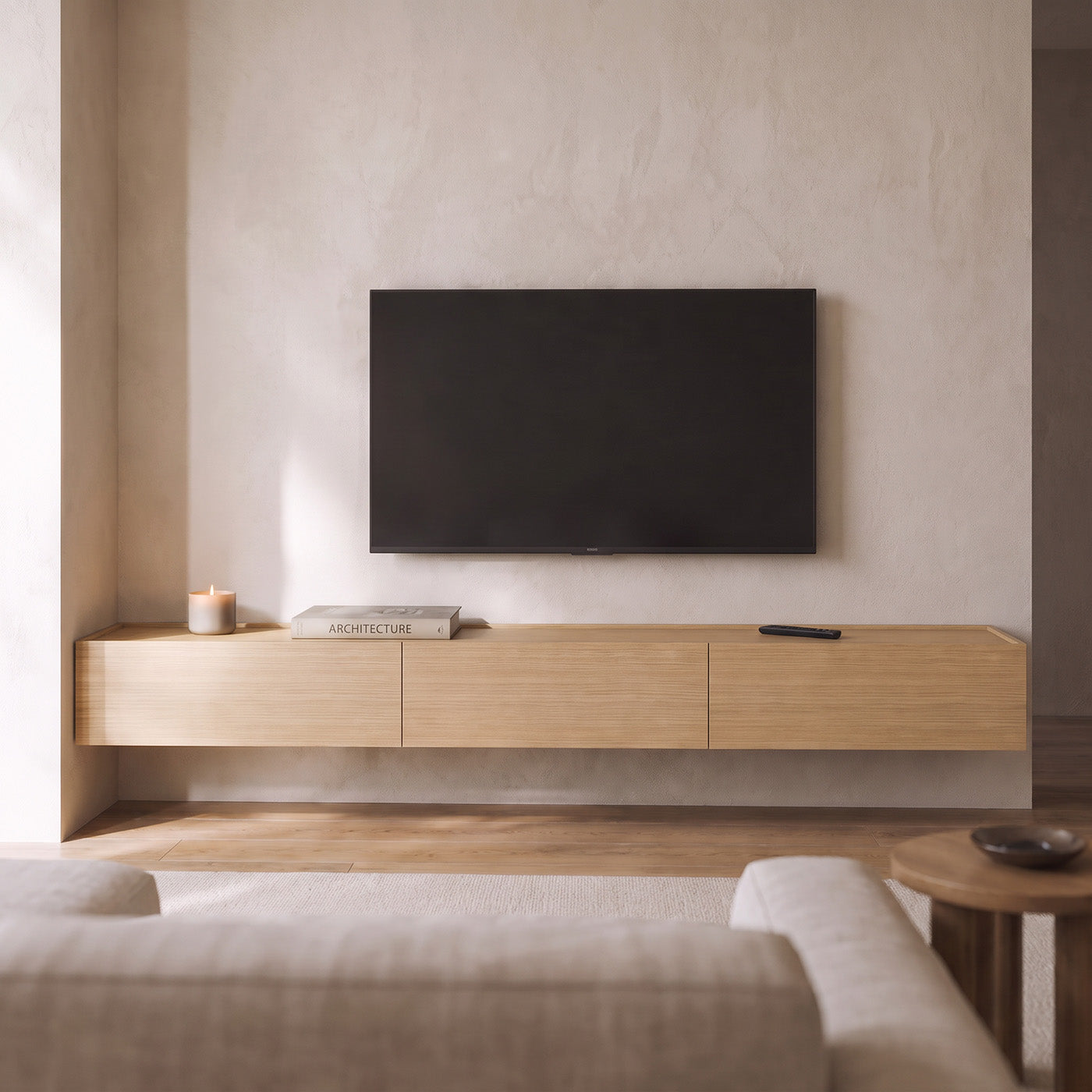 Three-module Dalea floating TV unit in oak with smooth drawers in a living room