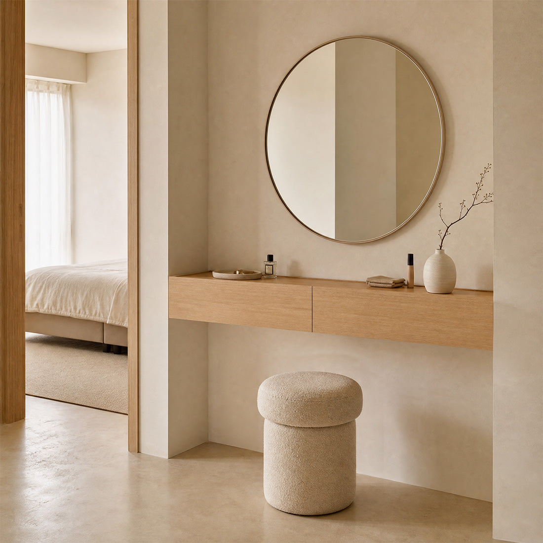 Two-module Dalea floating dressing table in natural oak beneath a round mirror