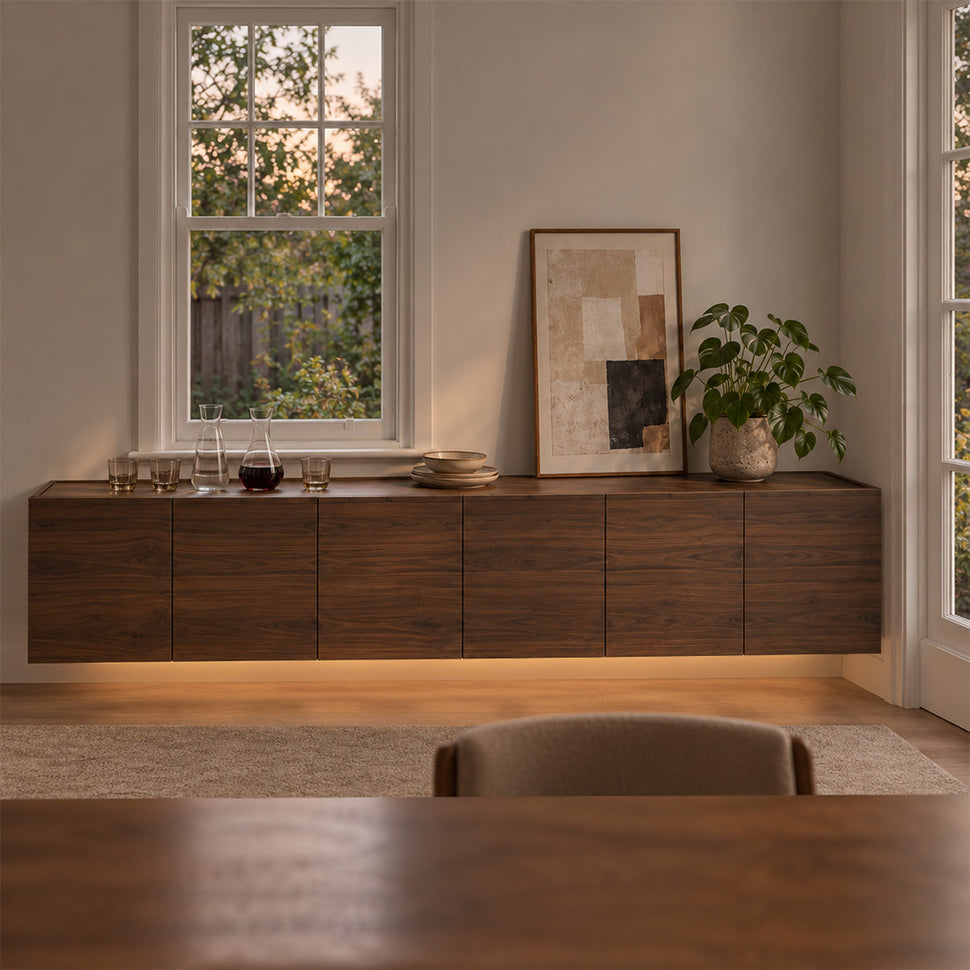 Six-module Dalea XL floating sideboard in a walnut finish with optional warm LED lighting