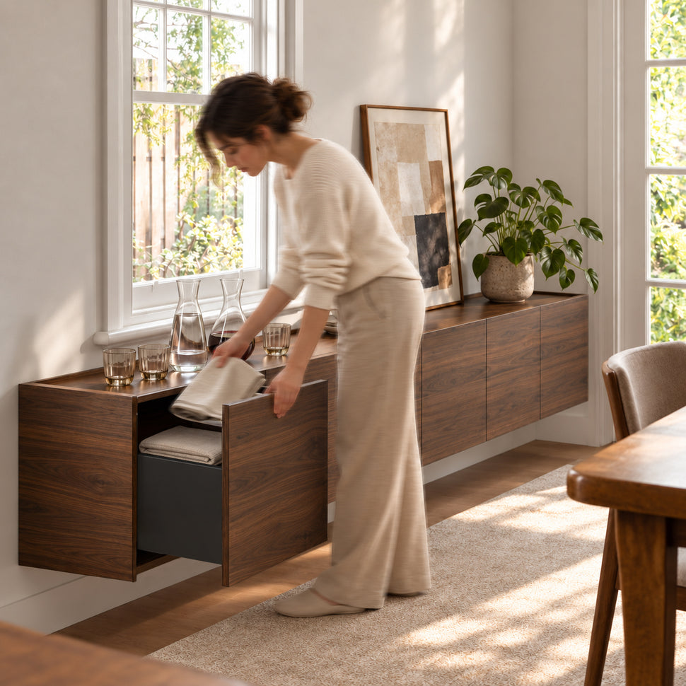 Person opening a drawer in a six-module Dalea XL walnut-finish floating sideboard