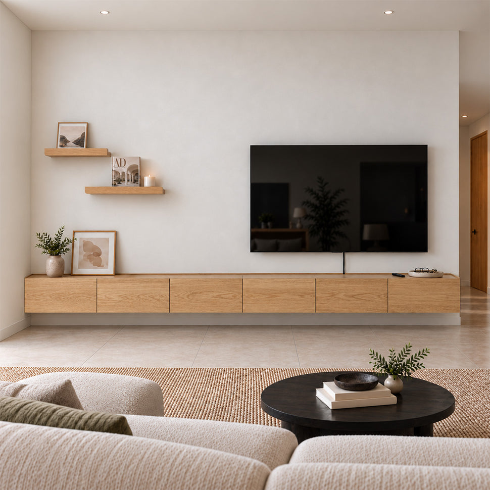 Six-module Dalea XL floating TV unit in an oak finish beneath a television