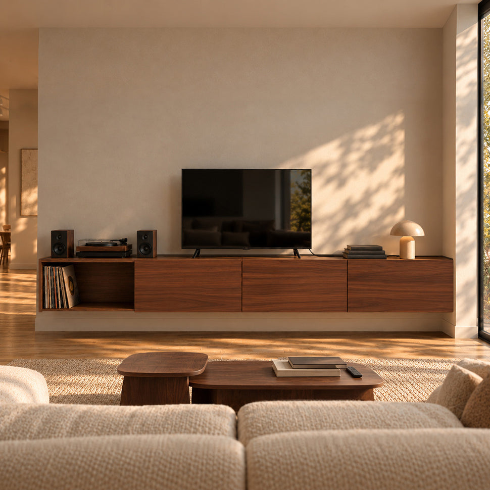 Front view of a four-module Dalea XL walnut-finish TV unit with one open compartment and three smooth-front drawers