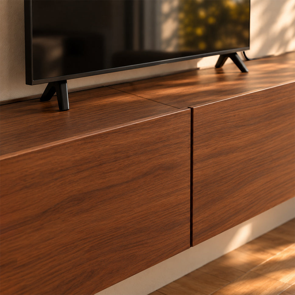 Central joint between two walnut-finish Dalea XL bodies beneath a television