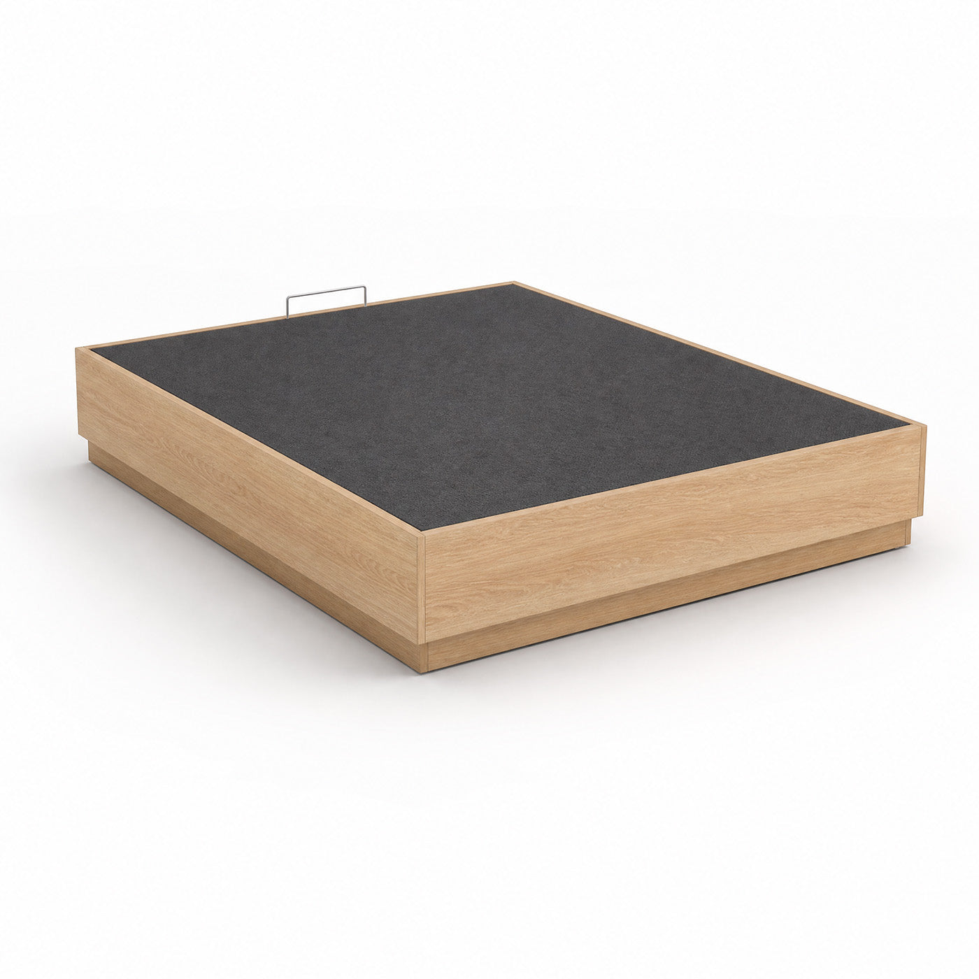 Stoa lift-up storage bed frame in oak finish, closed on a white background