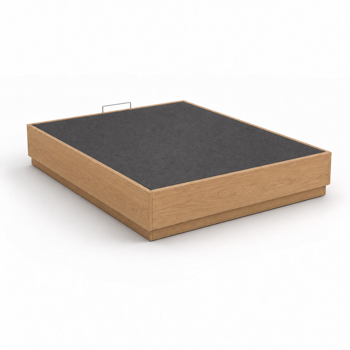 Stoa lift-up storage bed frame in oak finish, closed on a white background