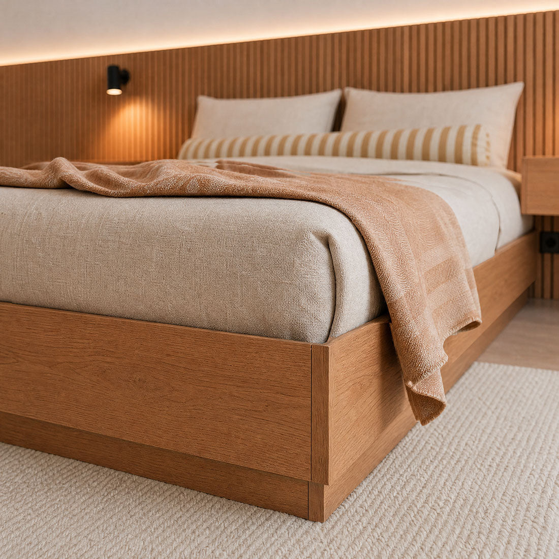 Detail of the oak Stoa storage bed frame corner with mattress and bedding in a bedroom