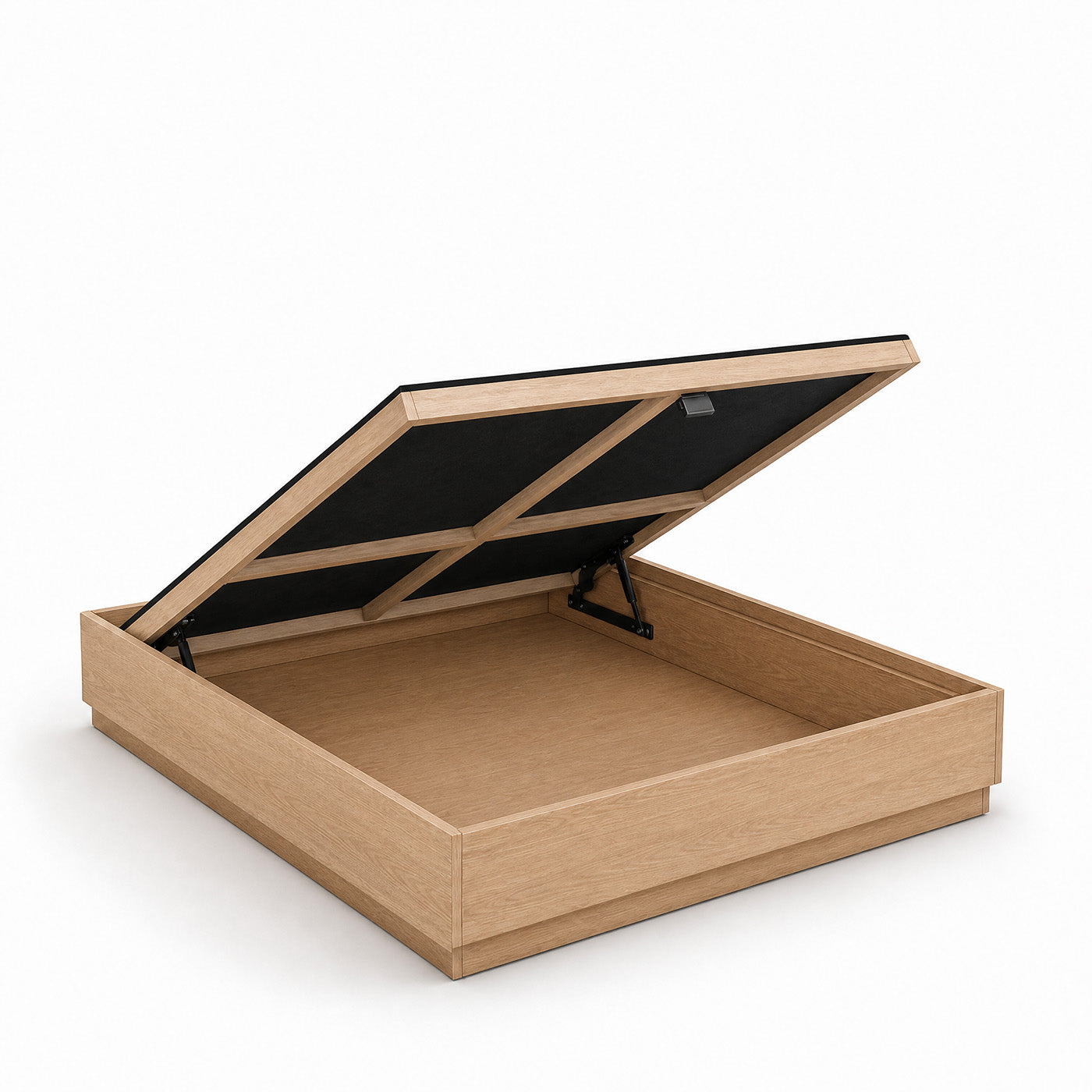 Open Stoa lift-up storage bed frame in oak finish showing the storage compartment