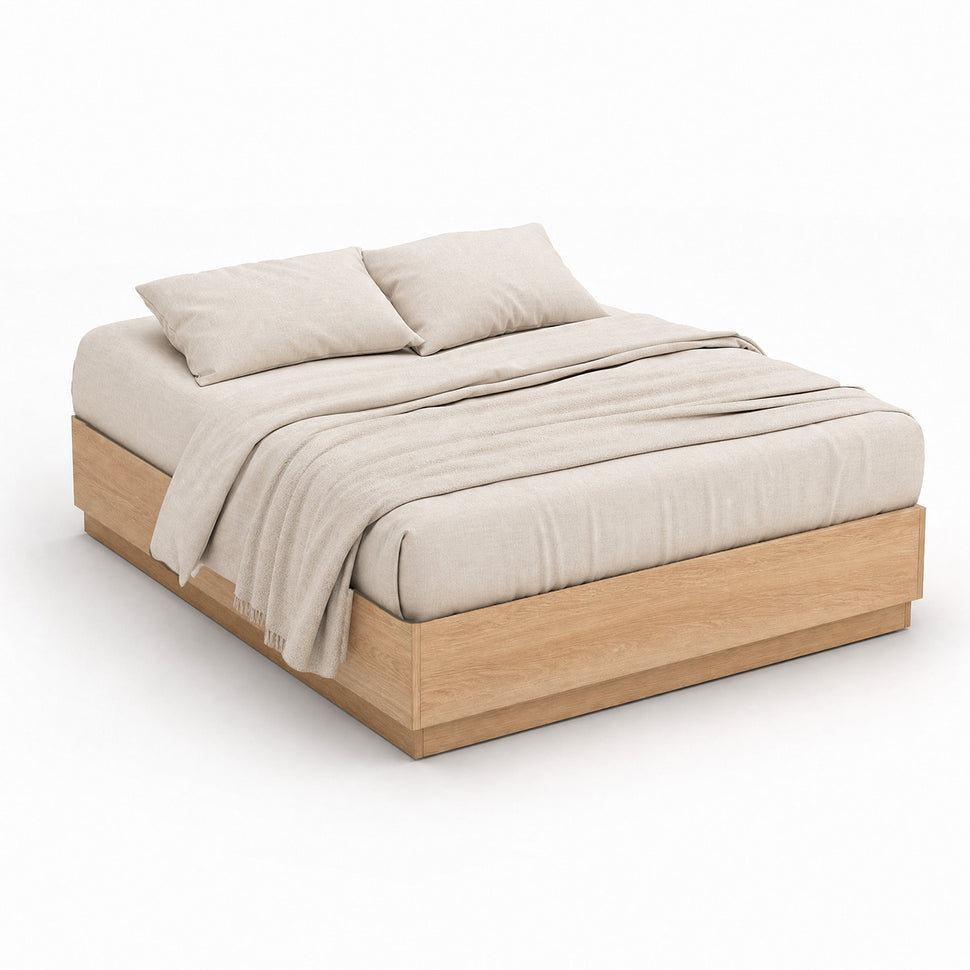 Stoa oak lift-up storage bed frame styled with mattress and neutral bedding