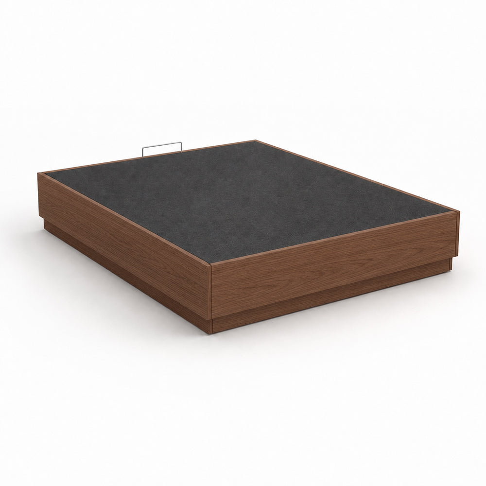 Stoa lift-up storage bed frame in walnut finish, closed on a white background