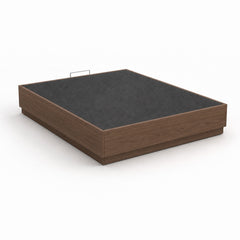 Stoa lift-up storage bed frame in walnut finish, closed on a white background