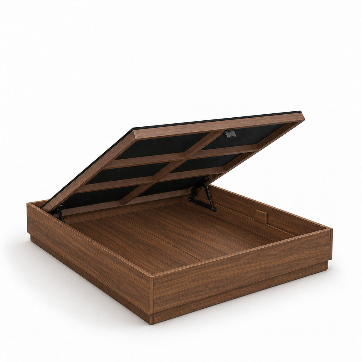 Open Stoa lift-up storage bed frame in walnut finish showing the storage compartment