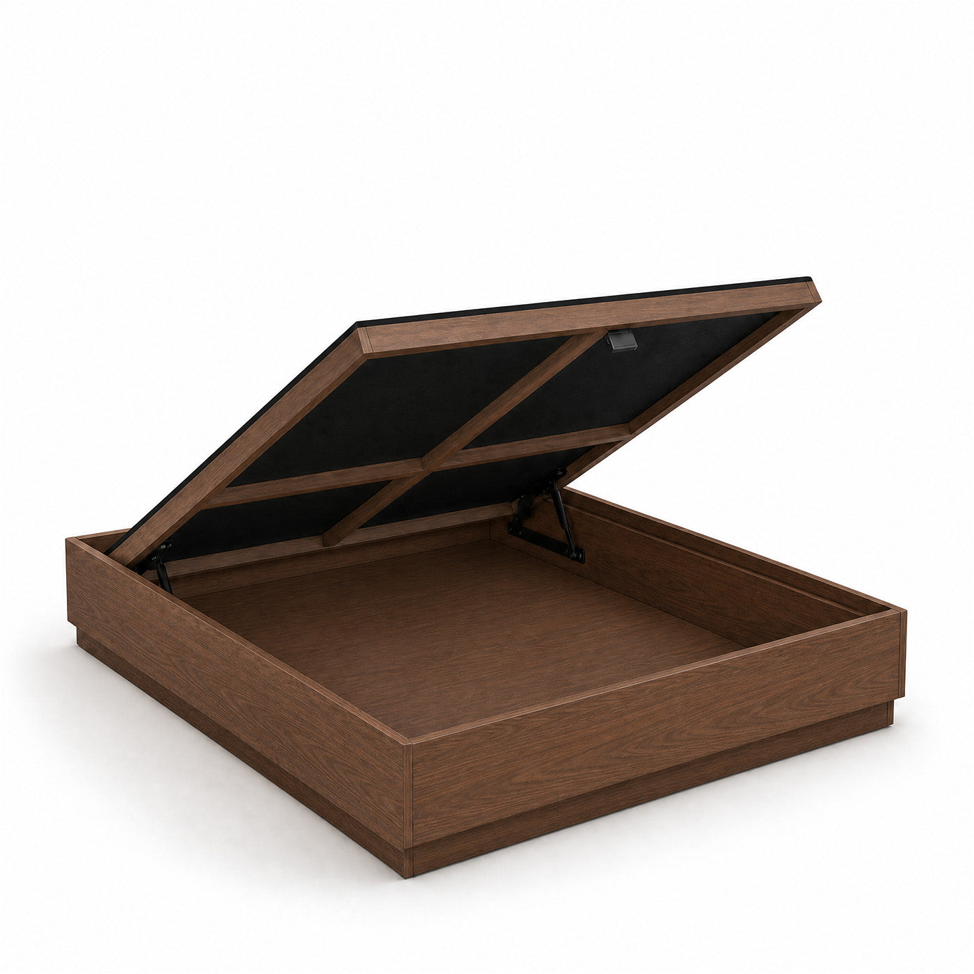 Open Stoa lift-up storage bed frame in walnut finish showing the storage compartment