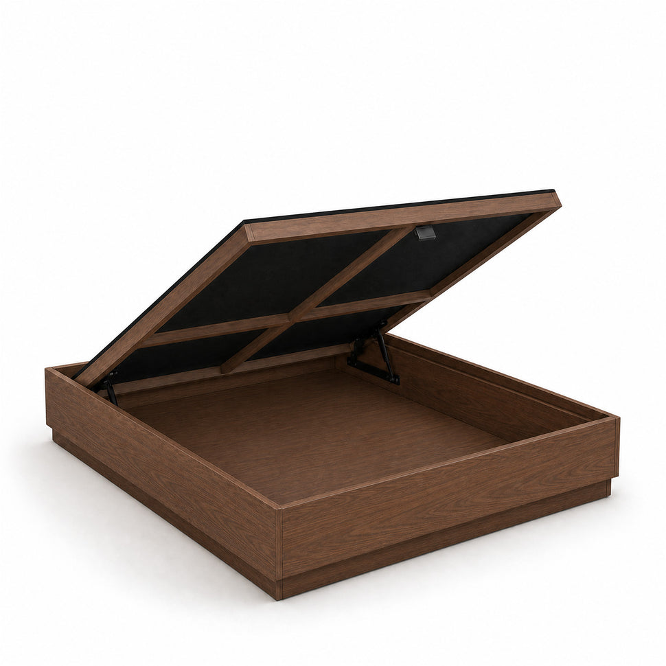 Open Stoa lift-up storage bed frame in walnut finish showing the storage compartment