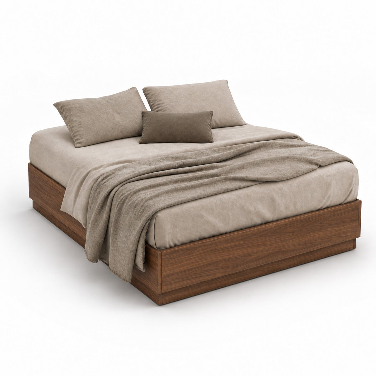 Stoa walnut lift-up storage bed frame styled with mattress and neutral bedding