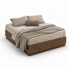 Stoa walnut lift-up storage bed frame styled with mattress and neutral bedding