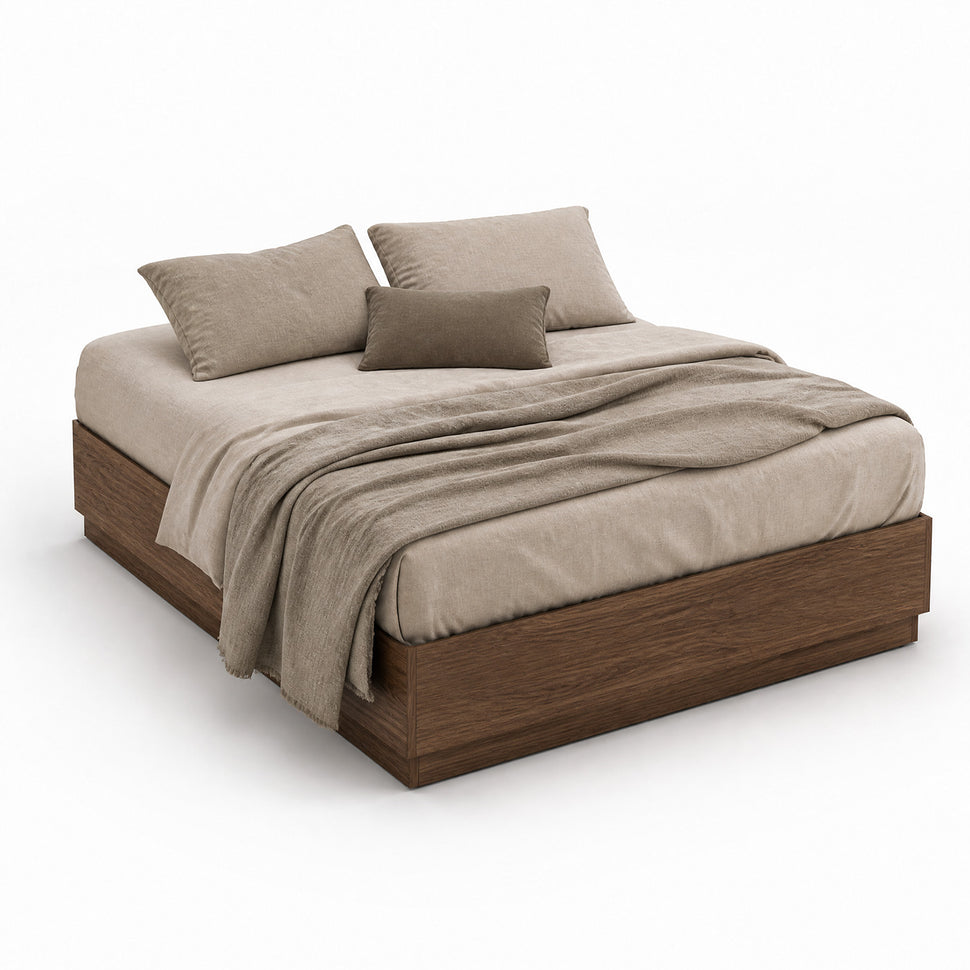 Stoa walnut lift-up storage bed frame styled with mattress and neutral bedding