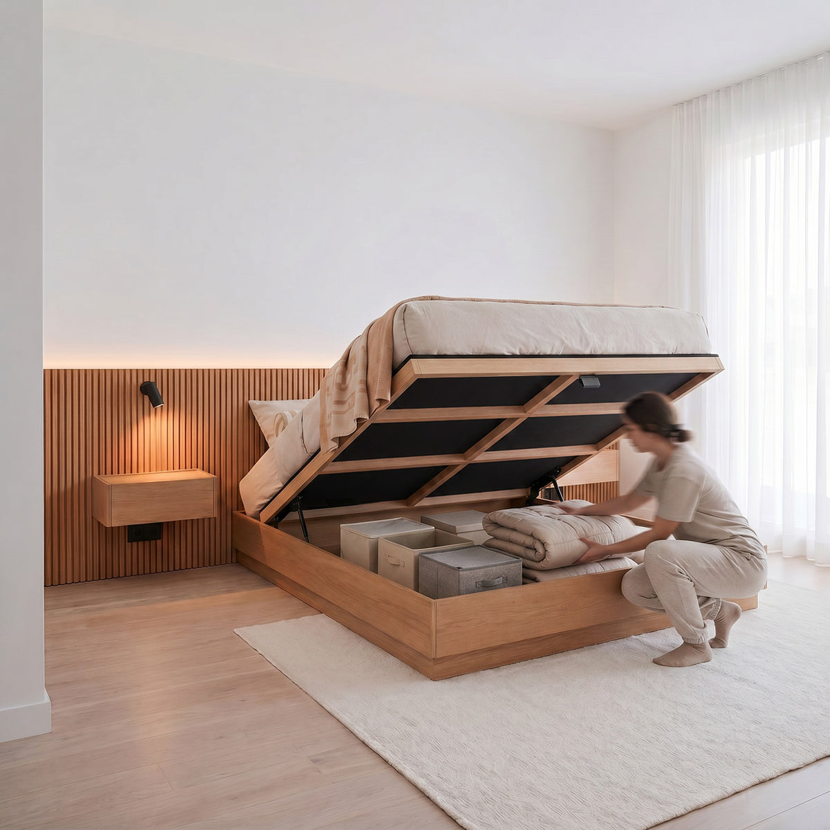 Stoa oak lift-up storage bed frame open in a bedroom, showing under-bed storage in use