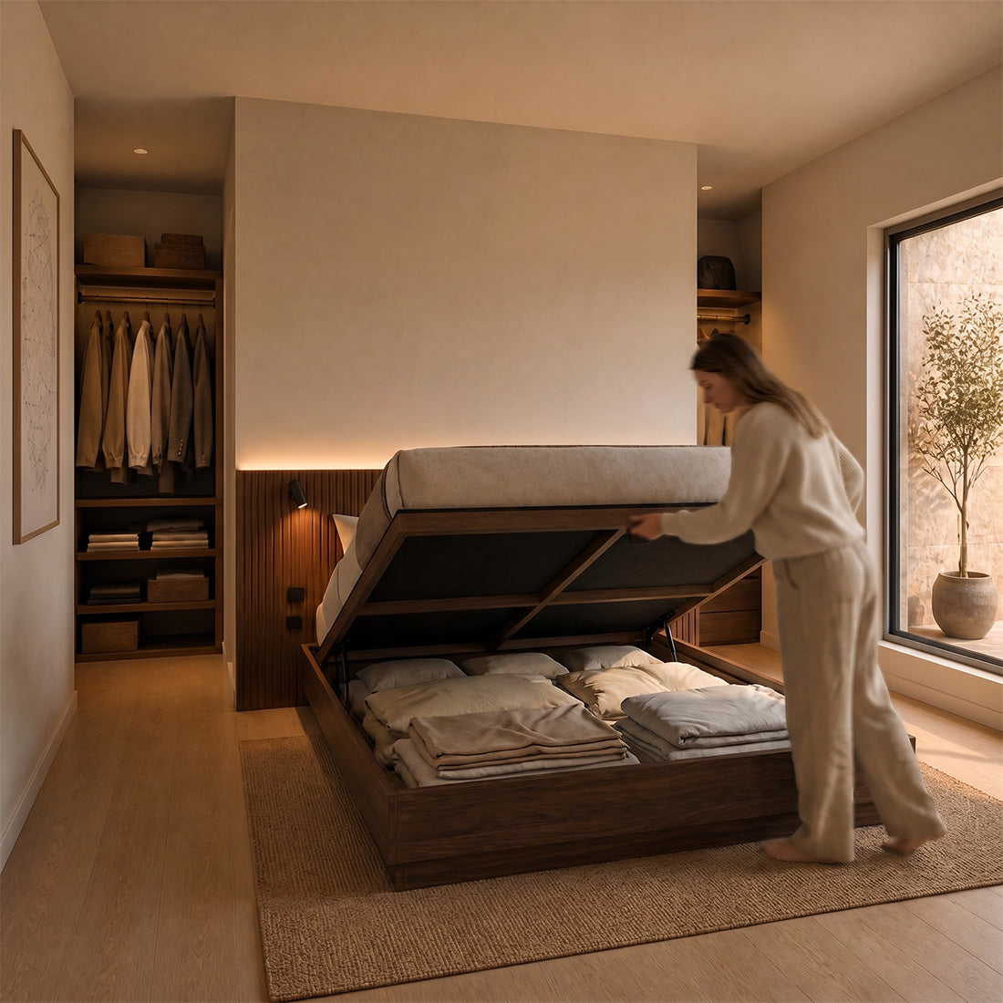 Stoa walnut lift-up storage bed frame open in a bedroom, showing under-bed storage in use