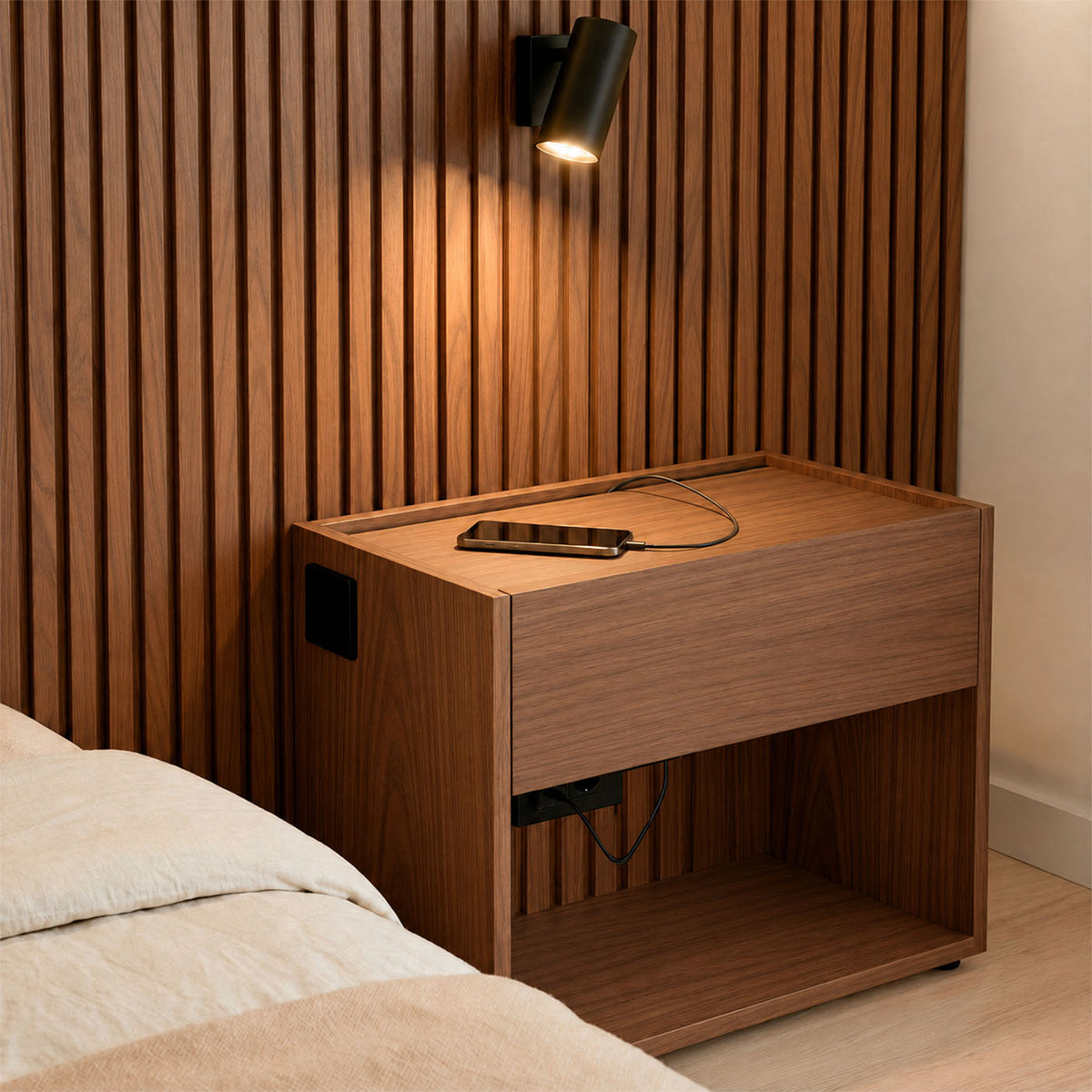 Natural walnut Stoa bedside table with drawer, open shelf and integrated reading light