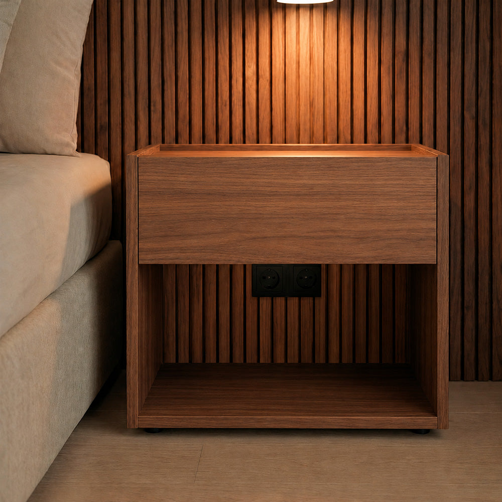 Natural walnut Stoa bedside table with drawer, open shelf and integrated socket
