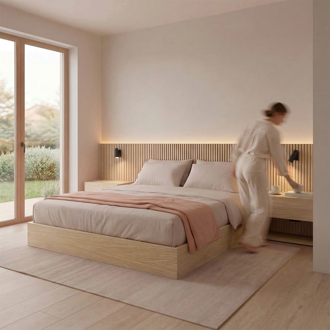 Natural oak Stoa headboard with floor-standing bedside tables and ambient light in a bedroom