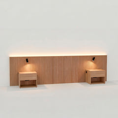 Natural oak Stoa headboard with floor-standing bedside tables, ambient light and reading lights