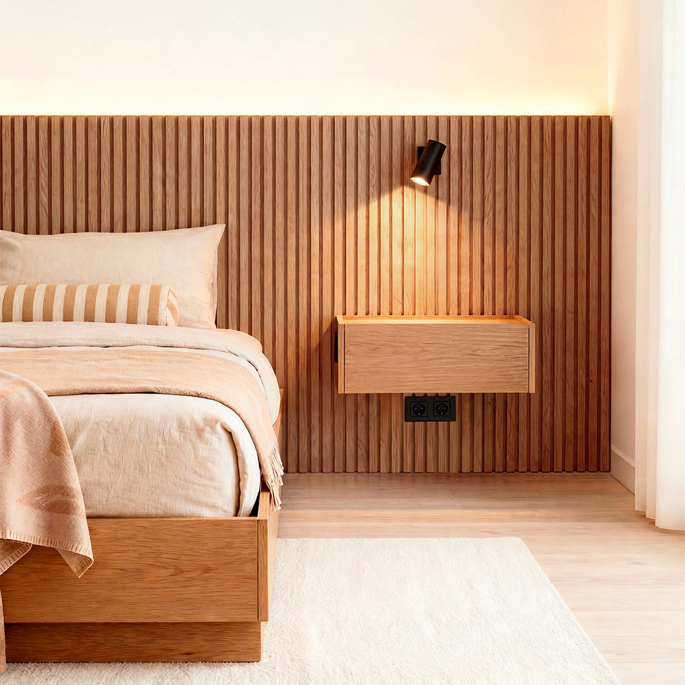 Natural oak Stoa headboard with bedside table, reading light, switches and sockets