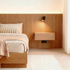Natural oak Stoa headboard with bedside table, reading light, switches and sockets