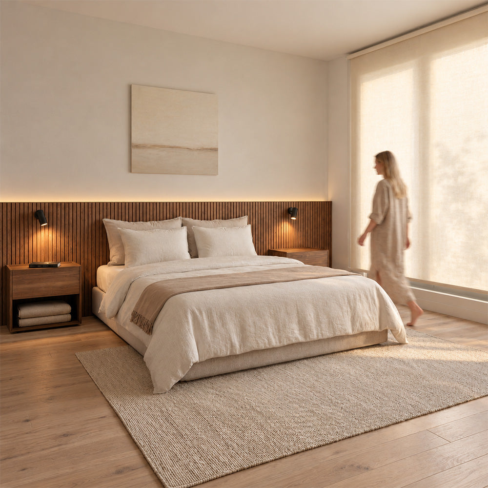 Natural walnut Stoa headboard with bedside tables and reading lights in a hotel-style bedroom