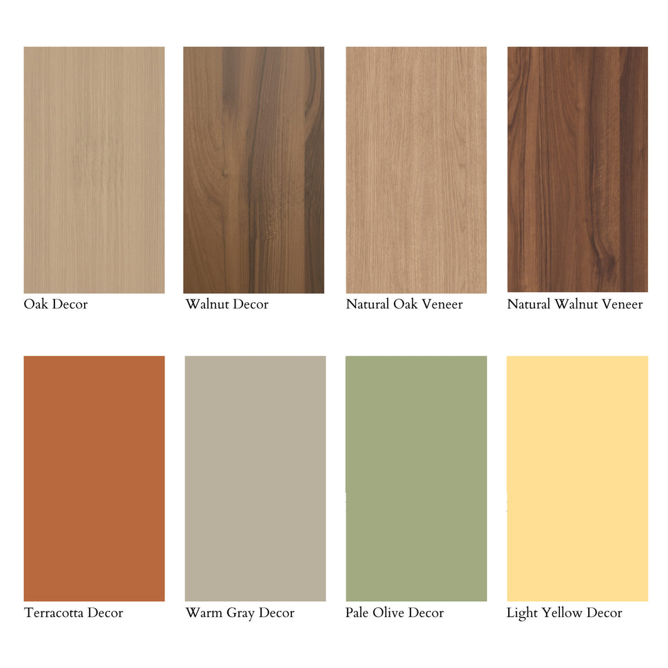 Made-to-measure finish samples: Oak Decor, Walnut Decor, natural oak and walnut veneers, and four colours