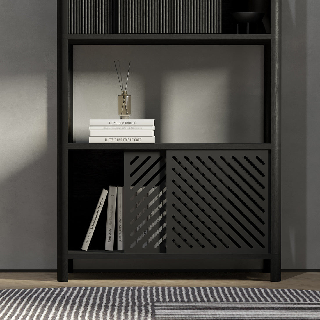 Cloe · Black shelf (one unit) with wood doors – Woodendot