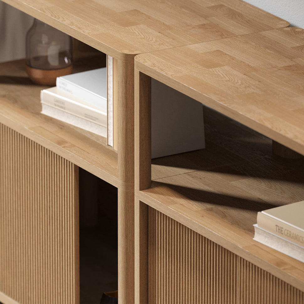 Cloe Wide Bookcase · Oak · Black Wooden Doors
